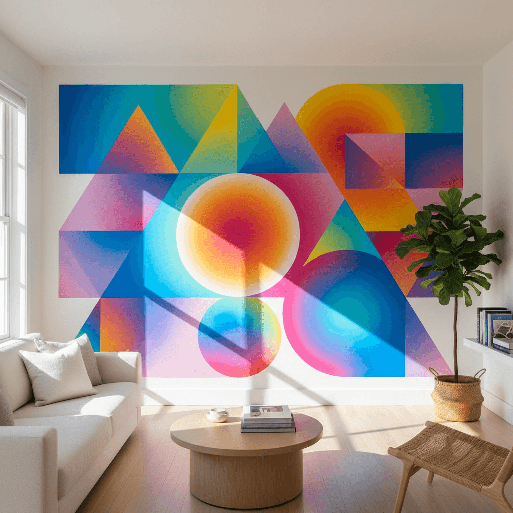 Bold geometric mural with vibrant colors on residential accent wall