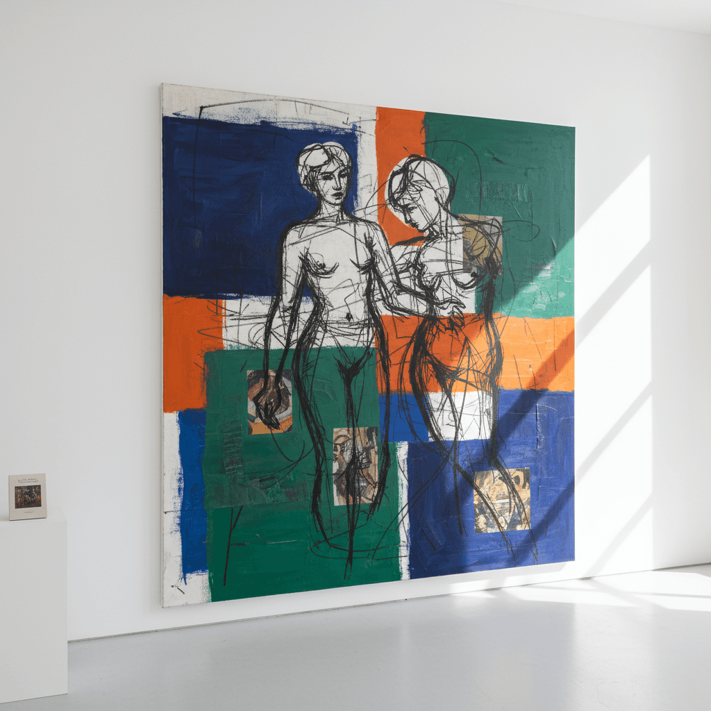 Large figurative canvas with expressive line work and jewel tones