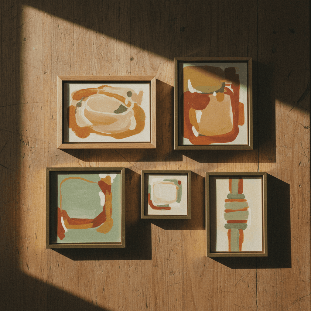 Collection of small framed original paintings on wooden surface