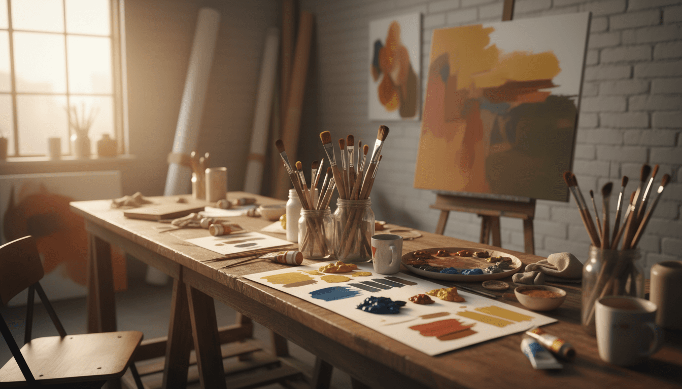 Artist's studio workspace with canvases, brushes, and creative materials in natural light