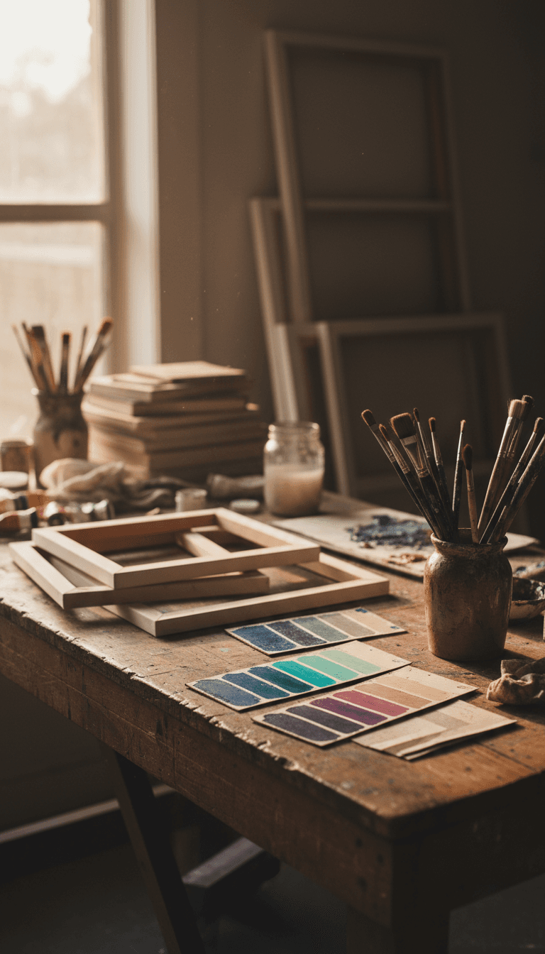 Artist workspace with brushes, paints, and canvas materials in natural light