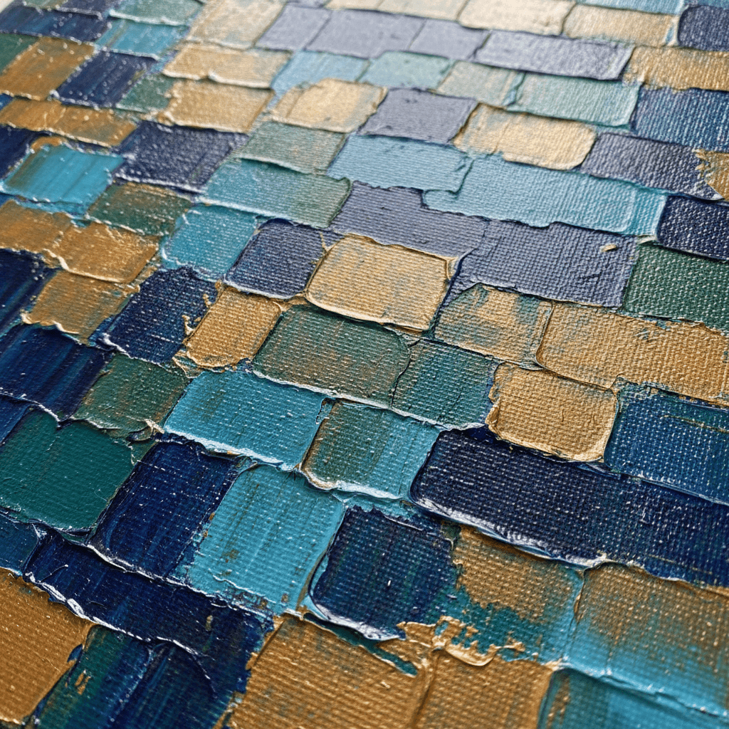 Abstract acrylic painting with layered blue and gold brushstrokes