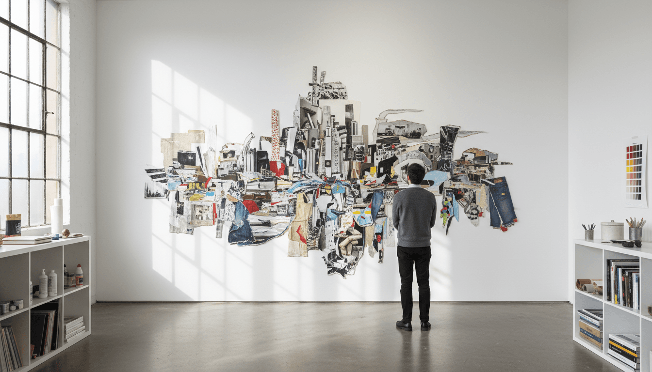 Vibrant mixed-media artwork with collage and metallic accents in white frame