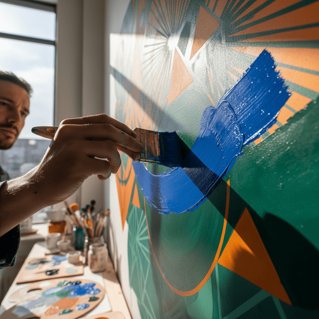 Artist painting vibrant mural with flowing colors