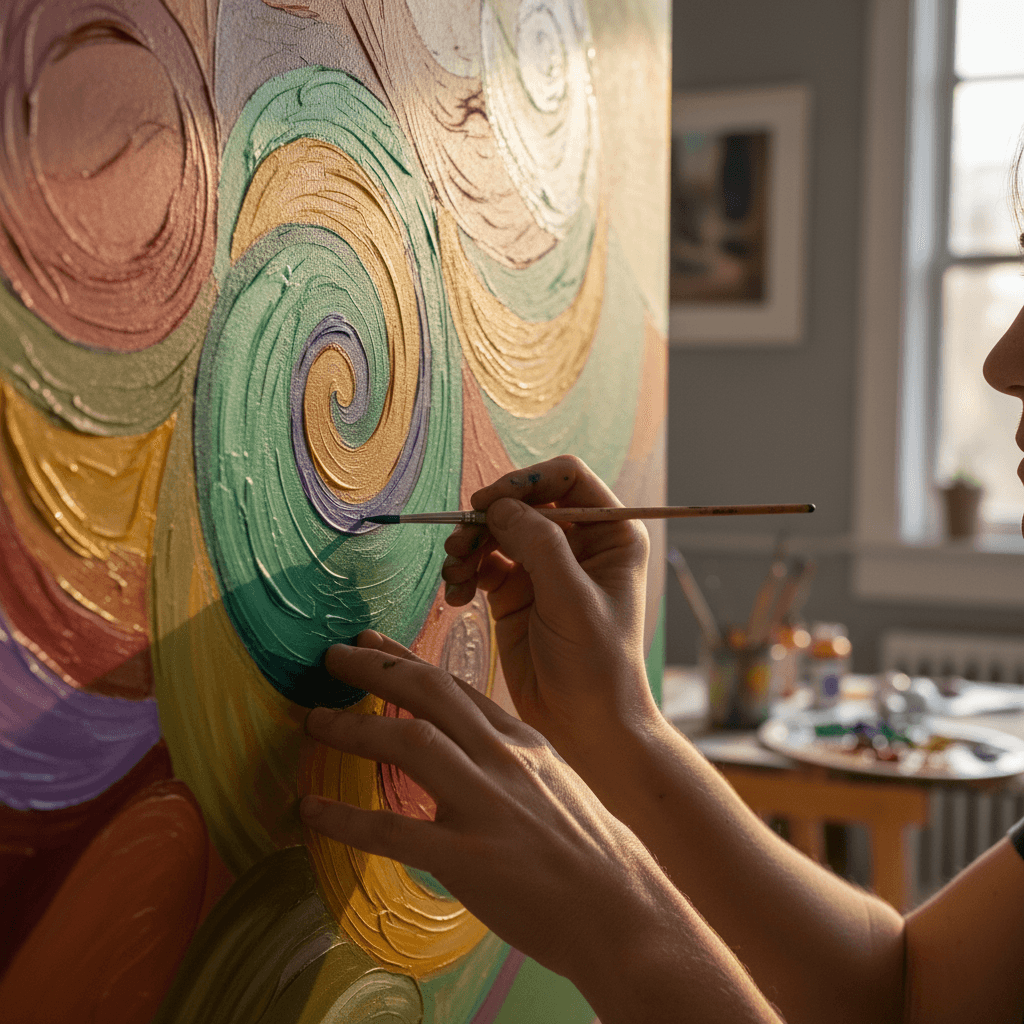 Artist painting a vibrant mural with careful brushstrokes