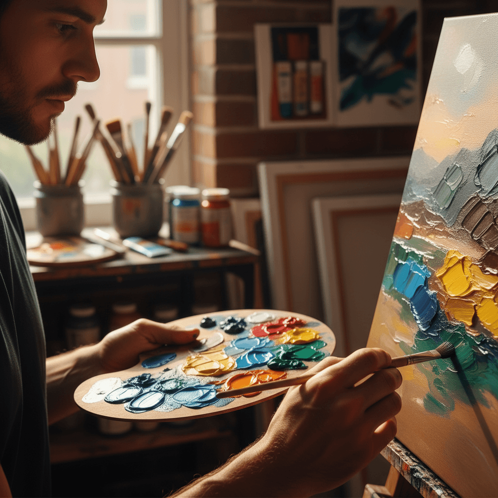 Expressive portrait painting with soft acrylics and warm tones on easel