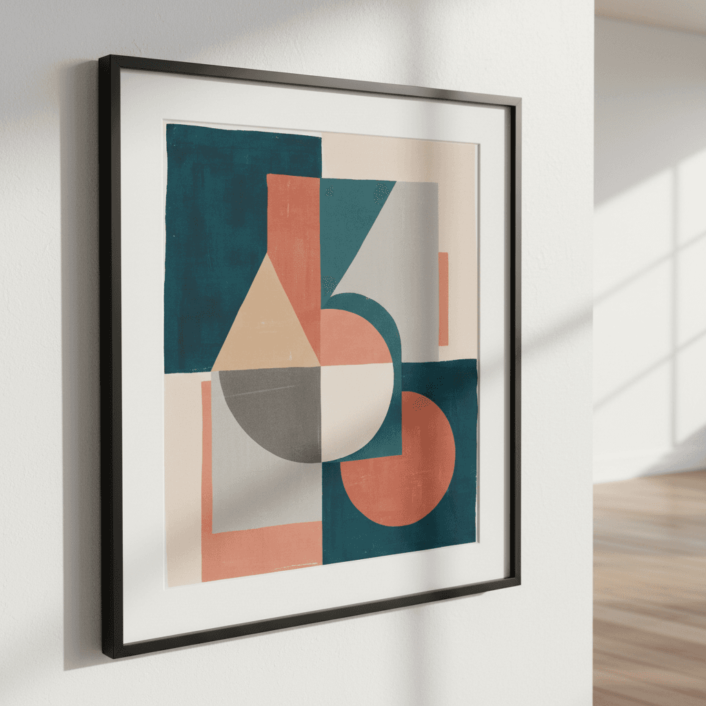 Modern geometric painting with jewel-tone triangles against brick wall