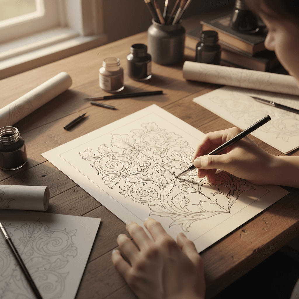 Detailed ink illustration with intricate flowing linework patterns