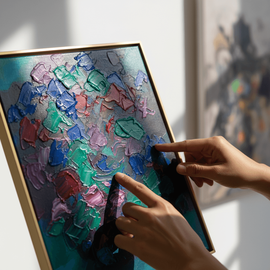 Original artwork displayed on a gallery wall with warm natural lighting highlighting the details